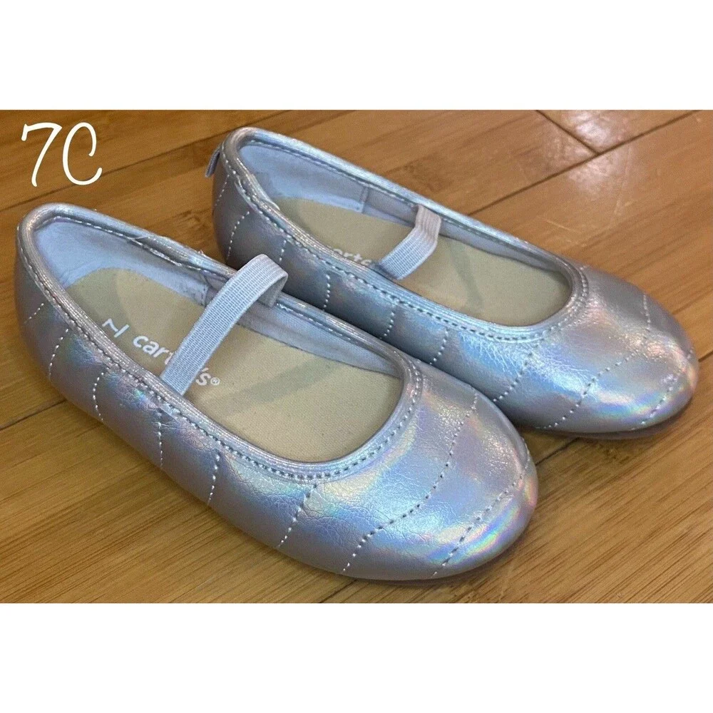 Carter’s Toddler Girls Silver Metallic Flats Dress Shoes Bow Size 7C Wedding